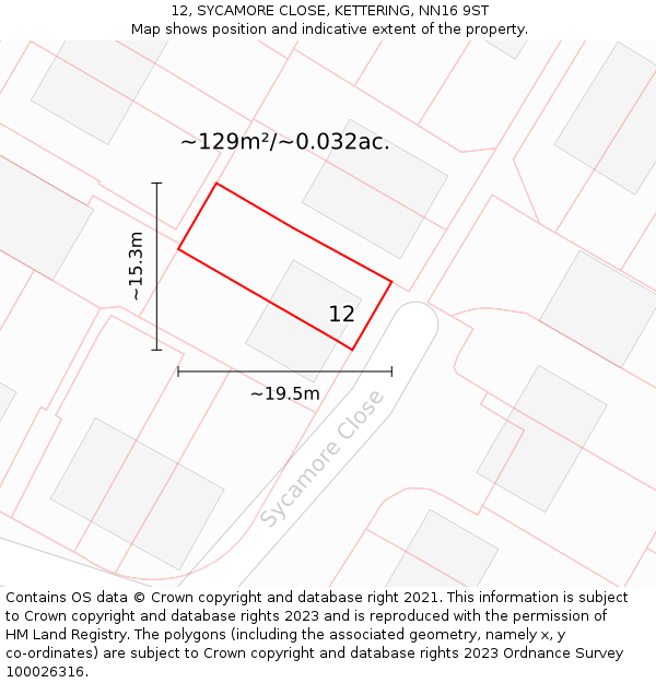 12, SYCAMORE CLOSE, KETTERING, NN16 9ST: Plot and title map