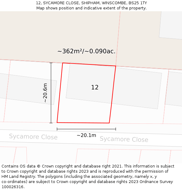12, SYCAMORE CLOSE, SHIPHAM, WINSCOMBE, BS25 1TY: Plot and title map