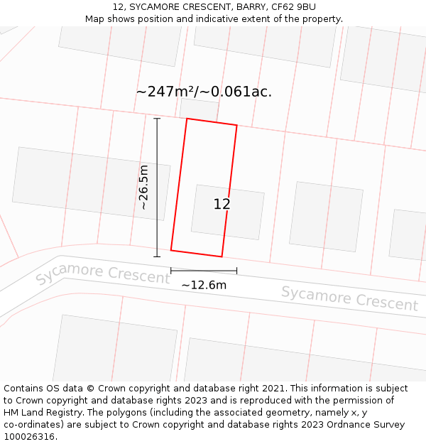 12, SYCAMORE CRESCENT, BARRY, CF62 9BU: Plot and title map