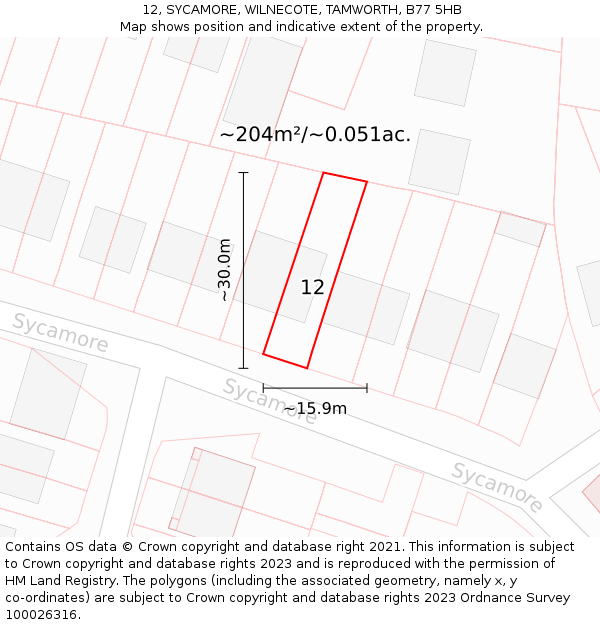12, SYCAMORE, WILNECOTE, TAMWORTH, B77 5HB: Plot and title map