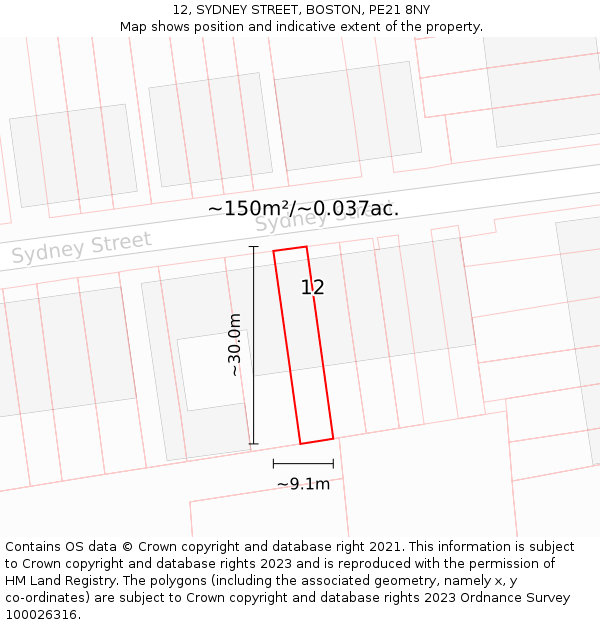 12, SYDNEY STREET, BOSTON, PE21 8NY: Plot and title map