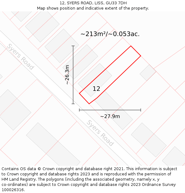 12, SYERS ROAD, LISS, GU33 7DH: Plot and title map