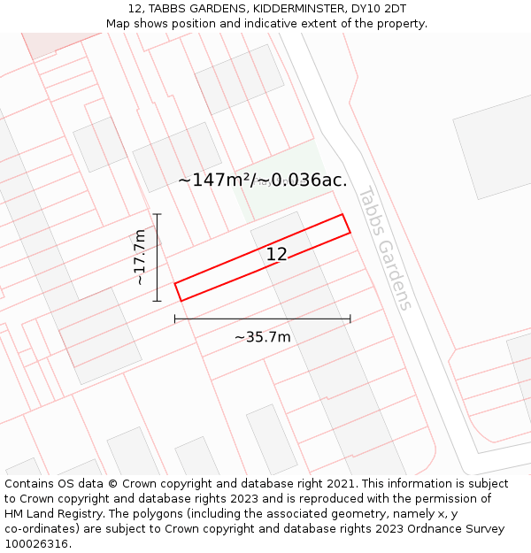 12, TABBS GARDENS, KIDDERMINSTER, DY10 2DT: Plot and title map