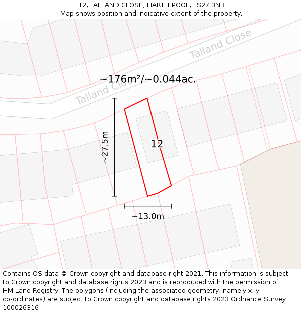 12, TALLAND CLOSE, HARTLEPOOL, TS27 3NB: Plot and title map