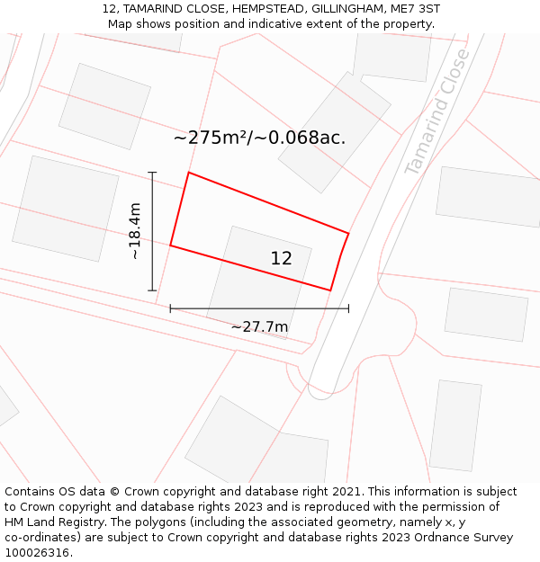 12, TAMARIND CLOSE, HEMPSTEAD, GILLINGHAM, ME7 3ST: Plot and title map
