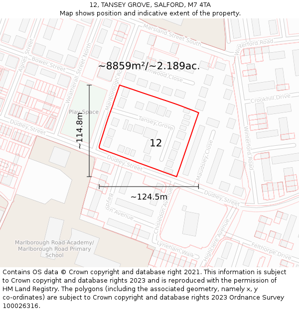 12, TANSEY GROVE, SALFORD, M7 4TA: Plot and title map