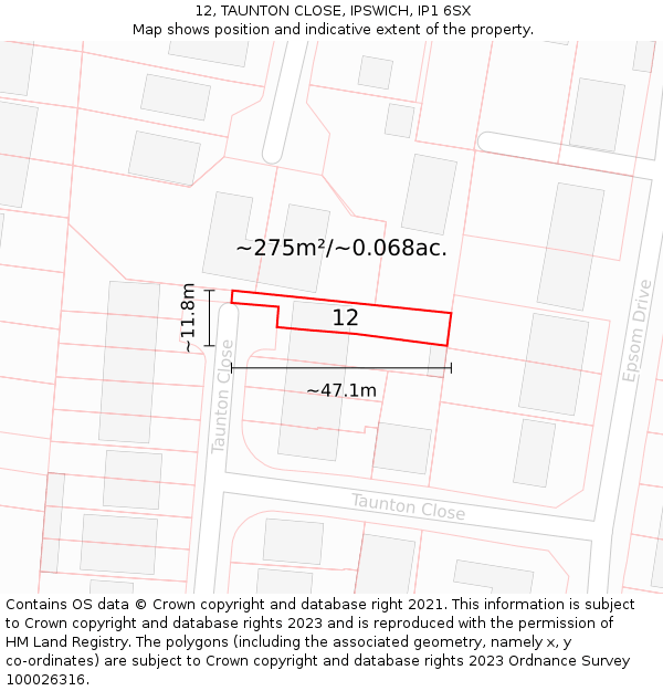 12, TAUNTON CLOSE, IPSWICH, IP1 6SX: Plot and title map