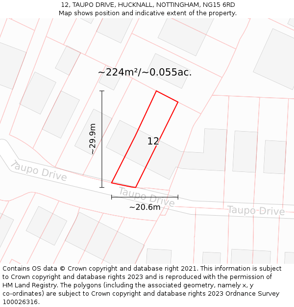 12, TAUPO DRIVE, HUCKNALL, NOTTINGHAM, NG15 6RD: Plot and title map