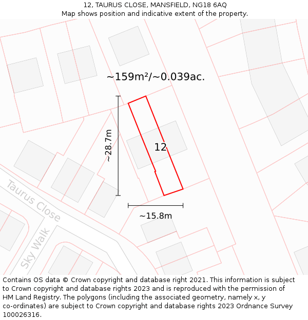 12, TAURUS CLOSE, MANSFIELD, NG18 6AQ: Plot and title map