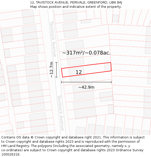 12, TAVISTOCK AVENUE, PERIVALE, GREENFORD, UB6 8AJ: Plot and title map