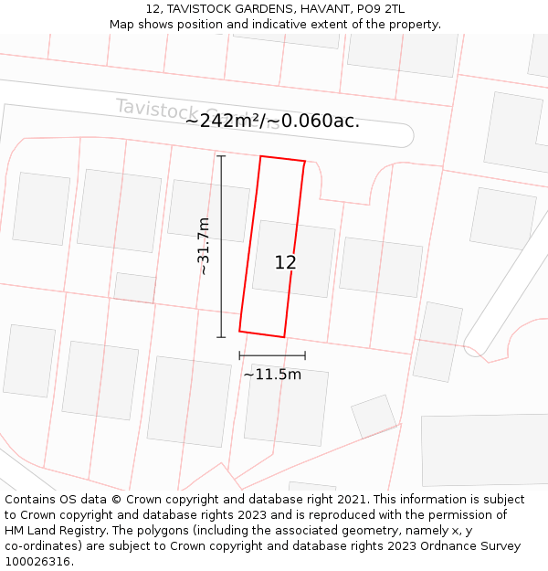 12, TAVISTOCK GARDENS, HAVANT, PO9 2TL: Plot and title map