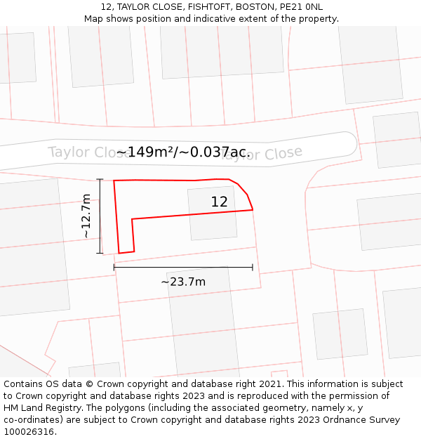 12, TAYLOR CLOSE, FISHTOFT, BOSTON, PE21 0NL: Plot and title map
