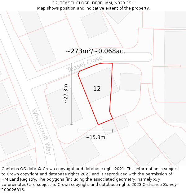 12, TEASEL CLOSE, DEREHAM, NR20 3SU: Plot and title map
