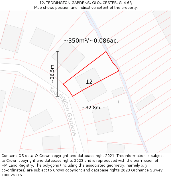 12, TEDDINGTON GARDENS, GLOUCESTER, GL4 6RJ: Plot and title map