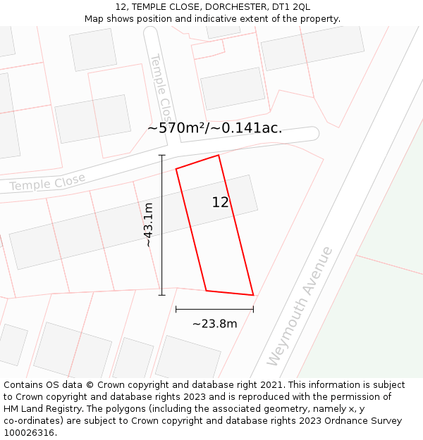 12, TEMPLE CLOSE, DORCHESTER, DT1 2QL: Plot and title map