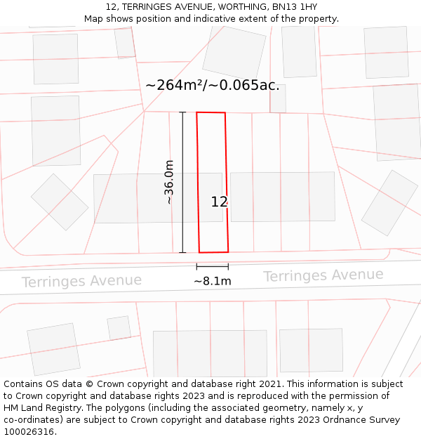 12, TERRINGES AVENUE, WORTHING, BN13 1HY: Plot and title map