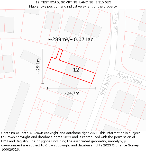 12, TEST ROAD, SOMPTING, LANCING, BN15 0EG: Plot and title map