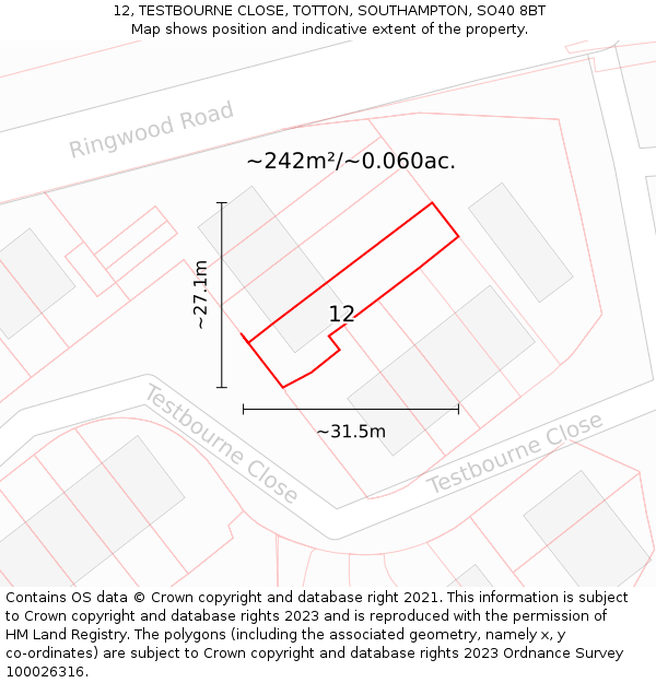 12, TESTBOURNE CLOSE, TOTTON, SOUTHAMPTON, SO40 8BT: Plot and title map
