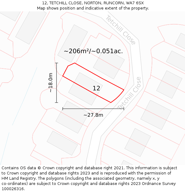12, TETCHILL CLOSE, NORTON, RUNCORN, WA7 6SX: Plot and title map