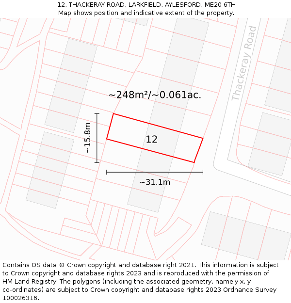12, THACKERAY ROAD, LARKFIELD, AYLESFORD, ME20 6TH: Plot and title map
