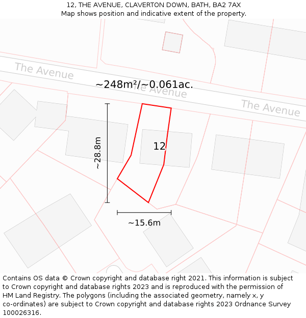 12, THE AVENUE, CLAVERTON DOWN, BATH, BA2 7AX: Plot and title map