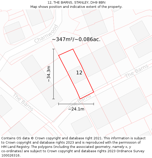12, THE BARNS, STANLEY, DH9 8BN: Plot and title map