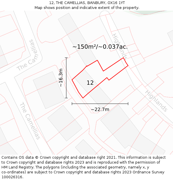 12, THE CAMELLIAS, BANBURY, OX16 1YT: Plot and title map