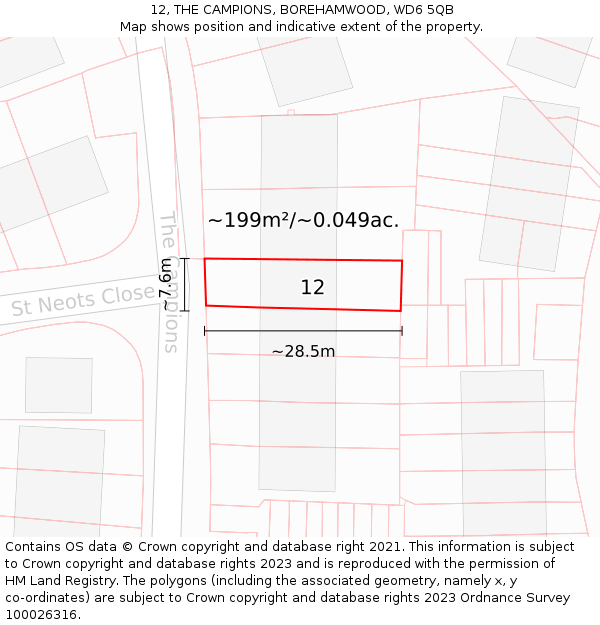 12, THE CAMPIONS, BOREHAMWOOD, WD6 5QB: Plot and title map