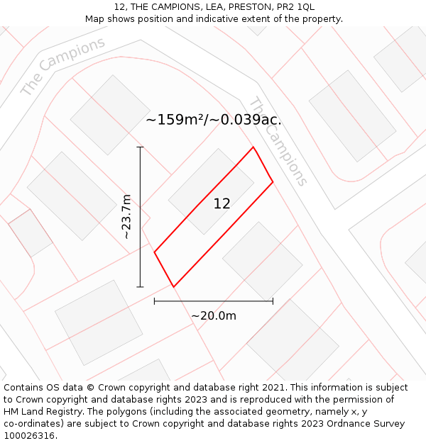 12, THE CAMPIONS, LEA, PRESTON, PR2 1QL: Plot and title map