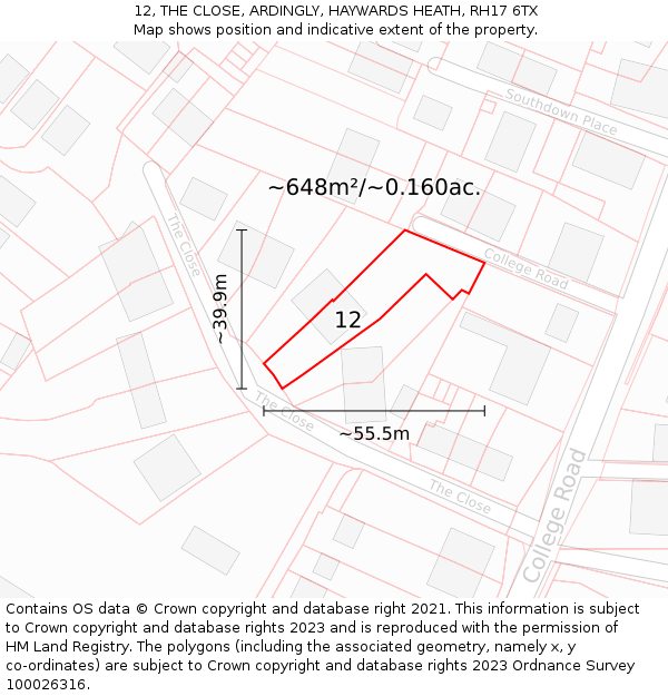 12, THE CLOSE, ARDINGLY, HAYWARDS HEATH, RH17 6TX: Plot and title map