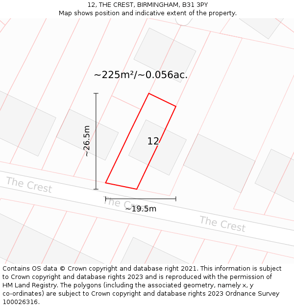 12, THE CREST, BIRMINGHAM, B31 3PY: Plot and title map