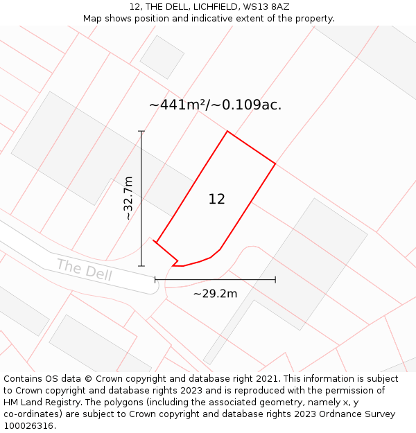 12, THE DELL, LICHFIELD, WS13 8AZ: Plot and title map