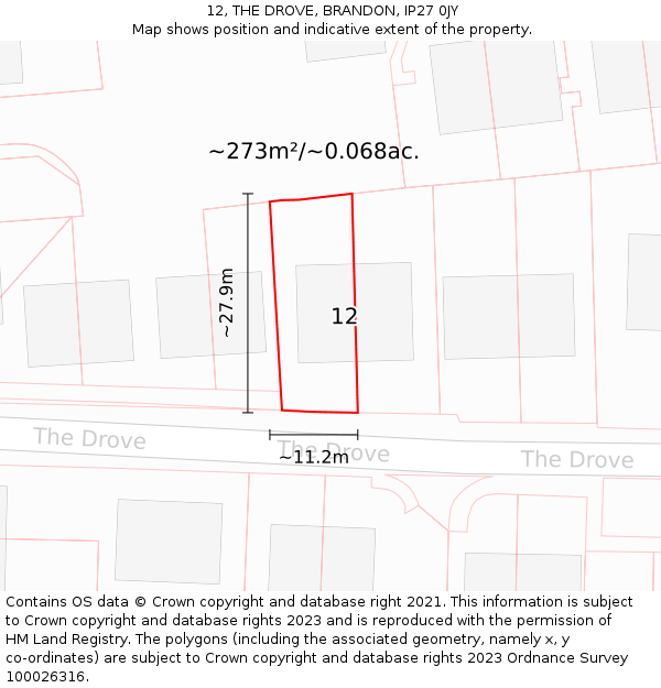 12, THE DROVE, BRANDON, IP27 0JY: Plot and title map