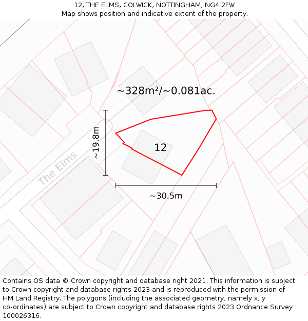 12, THE ELMS, COLWICK, NOTTINGHAM, NG4 2FW: Plot and title map