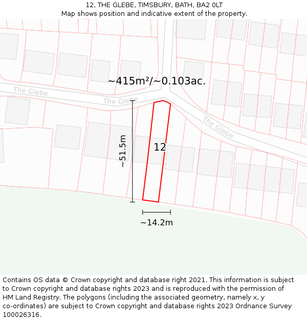 12, THE GLEBE, TIMSBURY, BATH, BA2 0LT: Plot and title map