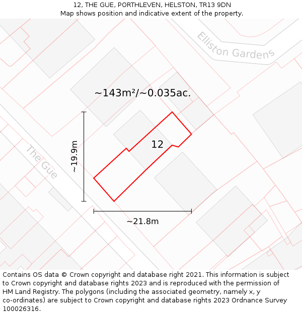 12, THE GUE, PORTHLEVEN, HELSTON, TR13 9DN: Plot and title map
