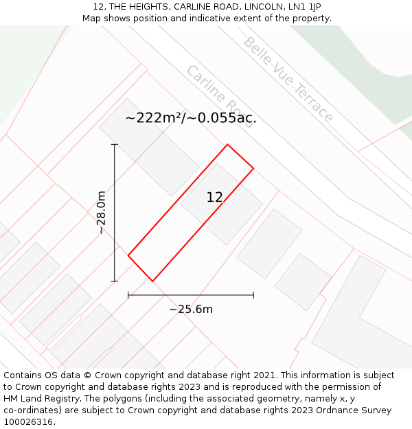 12, THE HEIGHTS, CARLINE ROAD, LINCOLN, LN1 1JP: Plot and title map