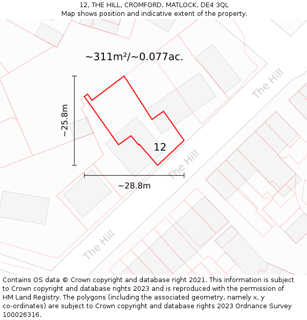12, THE HILL, CROMFORD, MATLOCK, DE4 3QL: Plot and title map
