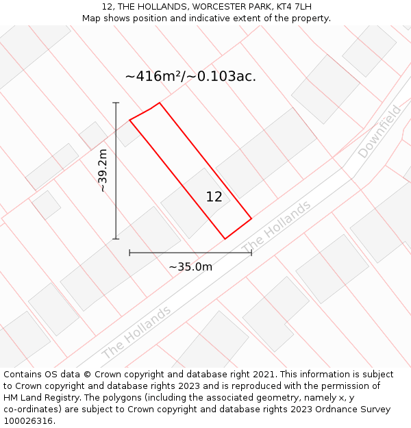 12, THE HOLLANDS, WORCESTER PARK, KT4 7LH: Plot and title map