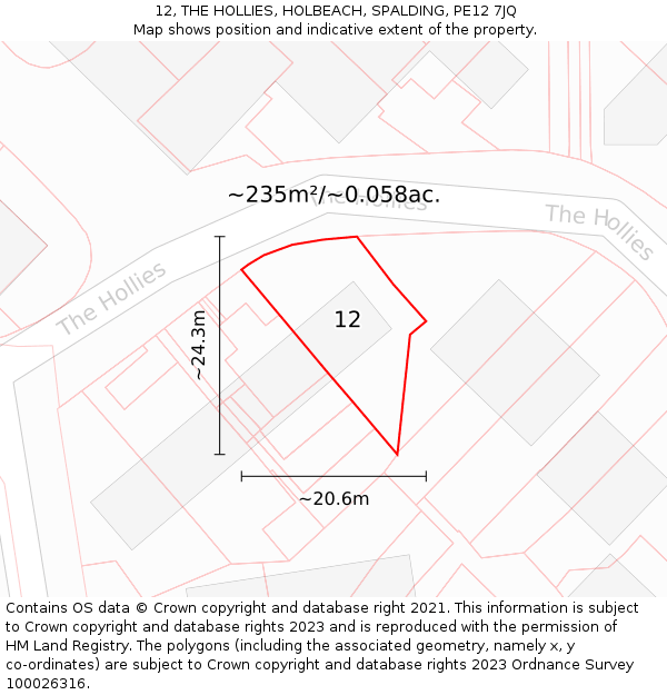 12, THE HOLLIES, HOLBEACH, SPALDING, PE12 7JQ: Plot and title map