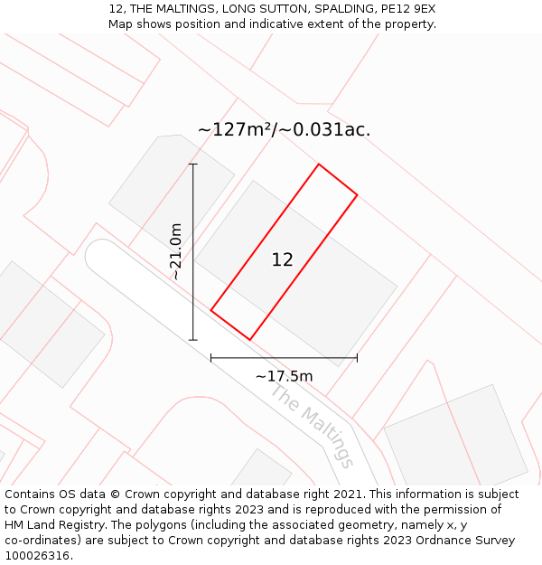 12, THE MALTINGS, LONG SUTTON, SPALDING, PE12 9EX: Plot and title map