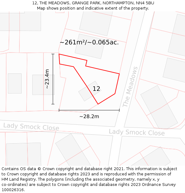 12, THE MEADOWS, GRANGE PARK, NORTHAMPTON, NN4 5BU: Plot and title map