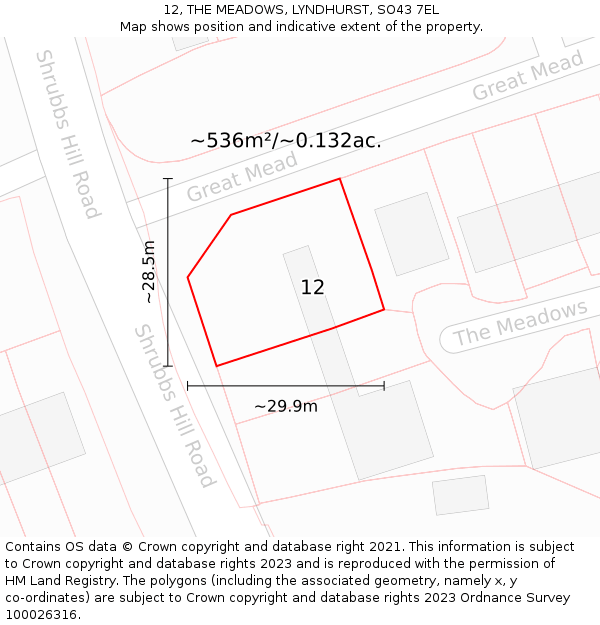 12, THE MEADOWS, LYNDHURST, SO43 7EL: Plot and title map