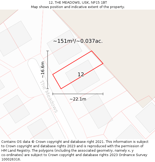 12, THE MEADOWS, USK, NP15 1BT: Plot and title map