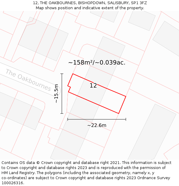 12, THE OAKBOURNES, BISHOPDOWN, SALISBURY, SP1 3FZ: Plot and title map