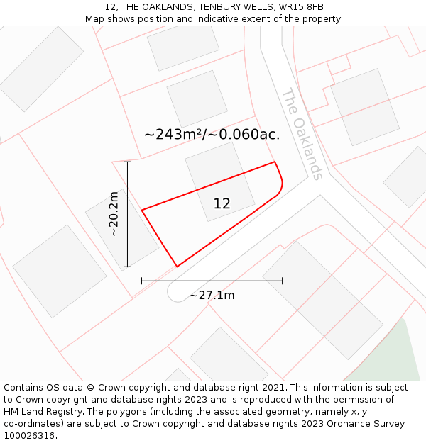 12, THE OAKLANDS, TENBURY WELLS, WR15 8FB: Plot and title map