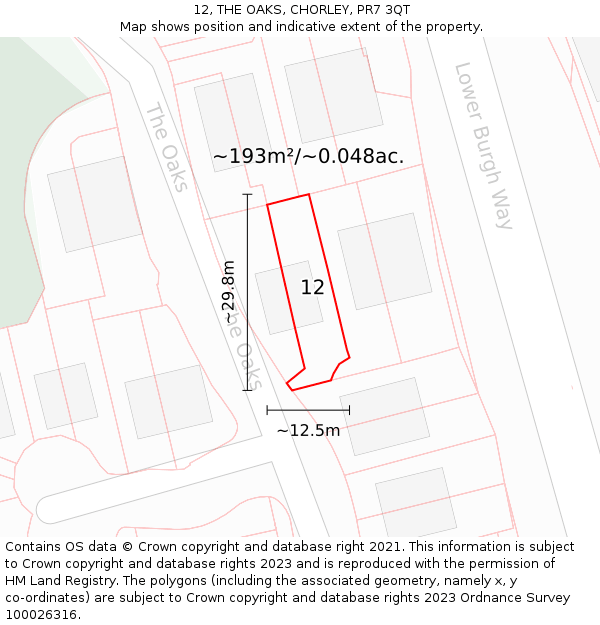12, THE OAKS, CHORLEY, PR7 3QT: Plot and title map