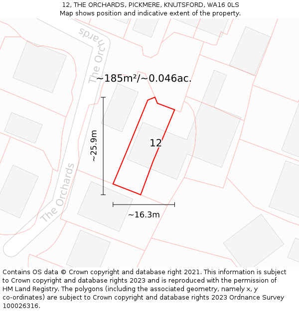 12, THE ORCHARDS, PICKMERE, KNUTSFORD, WA16 0LS: Plot and title map