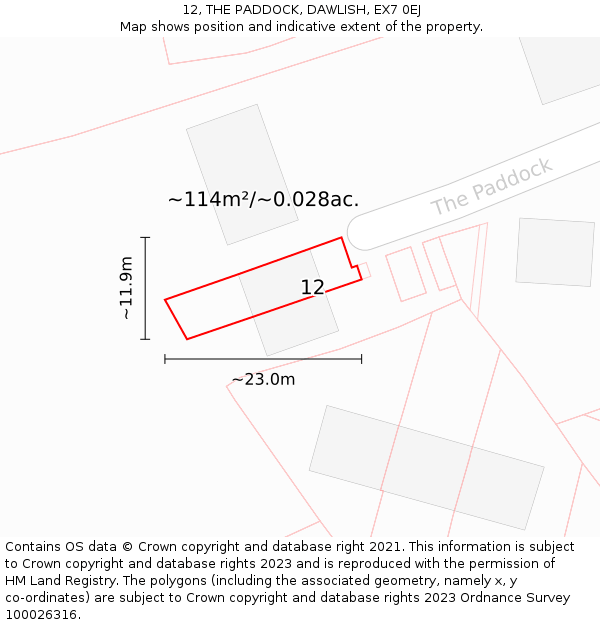 12, THE PADDOCK, DAWLISH, EX7 0EJ: Plot and title map