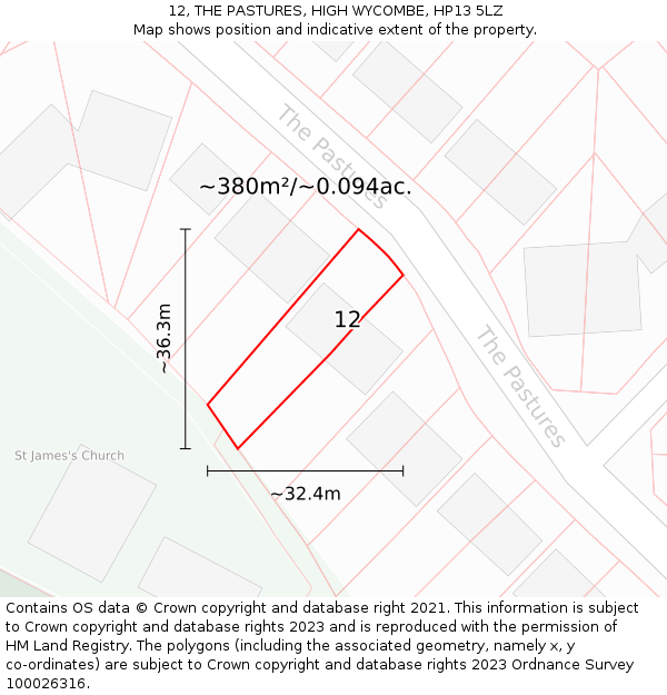 12, THE PASTURES, HIGH WYCOMBE, HP13 5LZ: Plot and title map